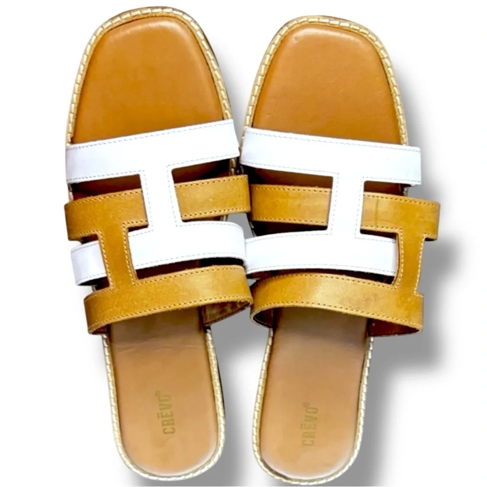 Crevo Catalina Leather H Slide Sandals Tan White Slip On Flat Sz 9.5